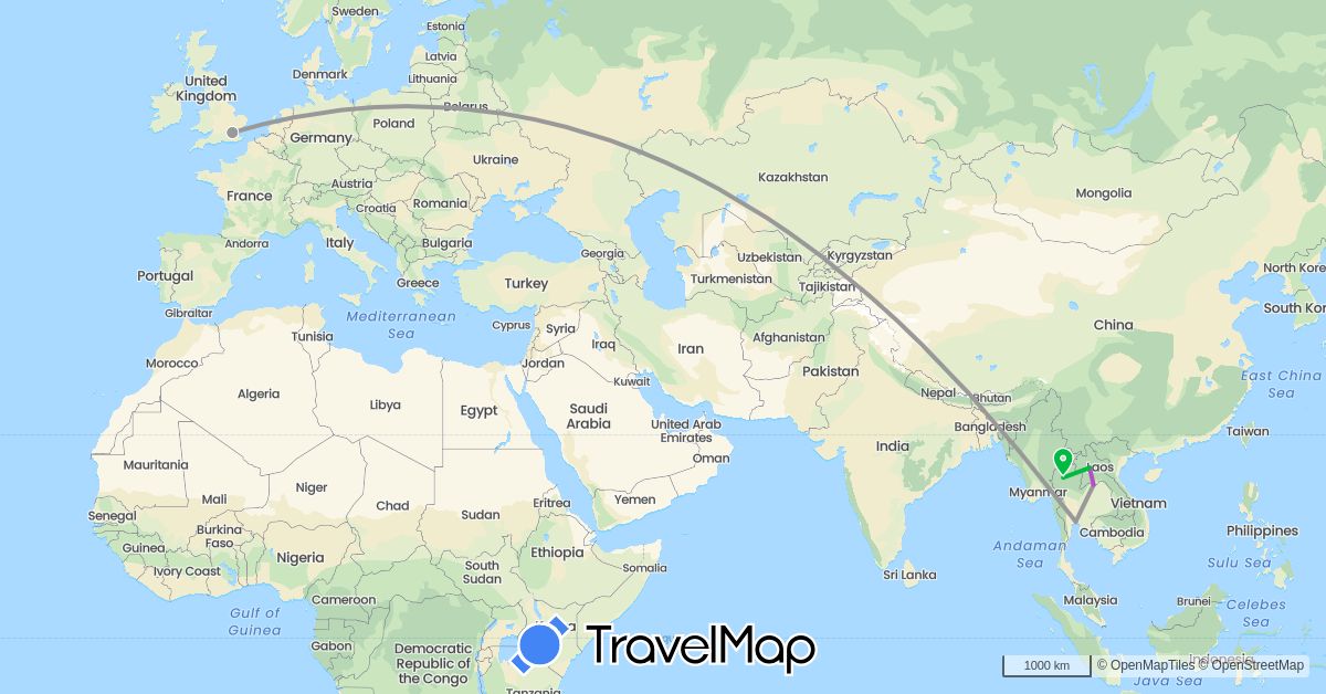 TravelMap itinerary: driving, bus, plane, train in United Kingdom, Laos, Thailand (Asia, Europe)